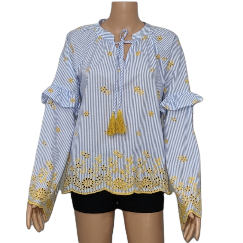 VERY J  EMBROIDERED‎ STRIPED BLOUSE LONG SLEEVE BELL SIZE M